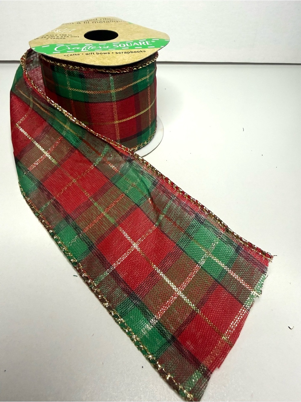 Holiday Plaid Mesh Garland Ribbon - Red & Green with Gold Trim
